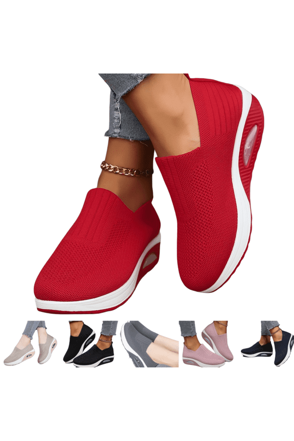 Orthopedic Dress Shoes for Women Arch Support Non Slip Slip on Work Shoes Lightweight Knitted Mesh Stretch Walking Shoes Soft 2026 New Foam Shoes Red