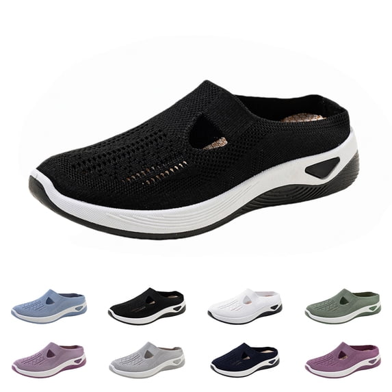 longantii Orthopedic Dress Shoes for Women Arch Support Slip on Non Slip Sneakers Wide Width Knitted Mesh Stretch Server Shoes Comfort 2026 Orthopedic Shoes Black