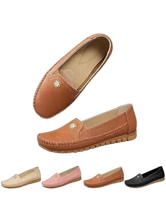 Orthopedic Loafers Shoes for Women Orthopedic Leather Loafers Dress Sneakers Slip on Shoes for Women Lightweight Slip on Flats Casual Comfort Anti-Slip Walking Shoes with Flower Camel