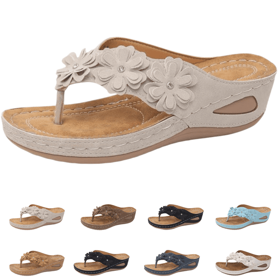 longantii Orthopedic Sandals with Arch Support Flip Flops for Women Flower Platform Wedge Sandals Soft Cushion Comfortable Dressy Slip on Thong Sandals Slippers for Summer Vacation Walking