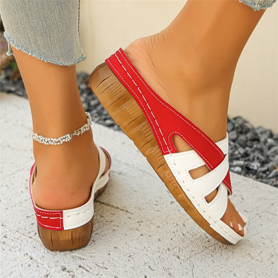 longantii Orthopedic Sandals for Women Arch Support Flat Wedge Sandals Wide Slip on Non Slip Beach Slippers Soft 2026 New Orthopedic Shoes Red