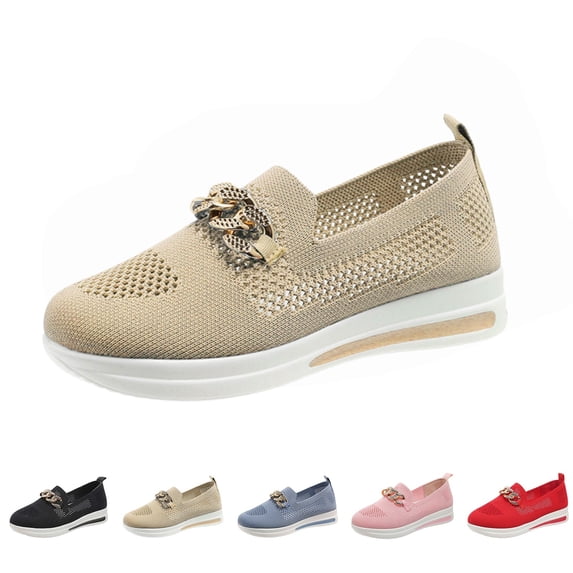 longantii Orthopedic Shoes for Women Trendy Mesh Knit Walking Shoes Lightweight Comfy Breathable Loafers Casual Slip On Daily Shoe Sock Sneakers Beige