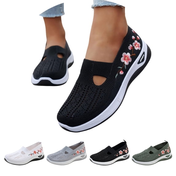 longantii Orthopedic Shoes for Women,Womens Wide Width Breathable Sneaker Comfortable Non Slip on Sneakers Lightweight Arch Support Soft Foam Cushion Women's Woven Diabetic Walking Nurse Shoes Black