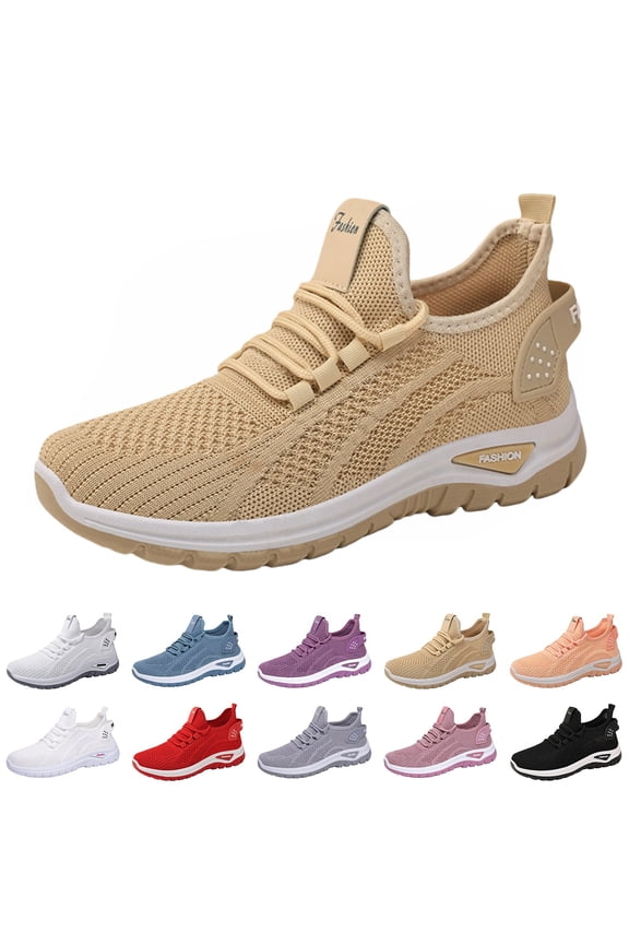 Orthopedic Shoes for Women Arch Support Non Slip Slip on Running Shoes Wide Mesh Stretch Volleyball Shoes Comfort 2026 New Foam Shoes Beige