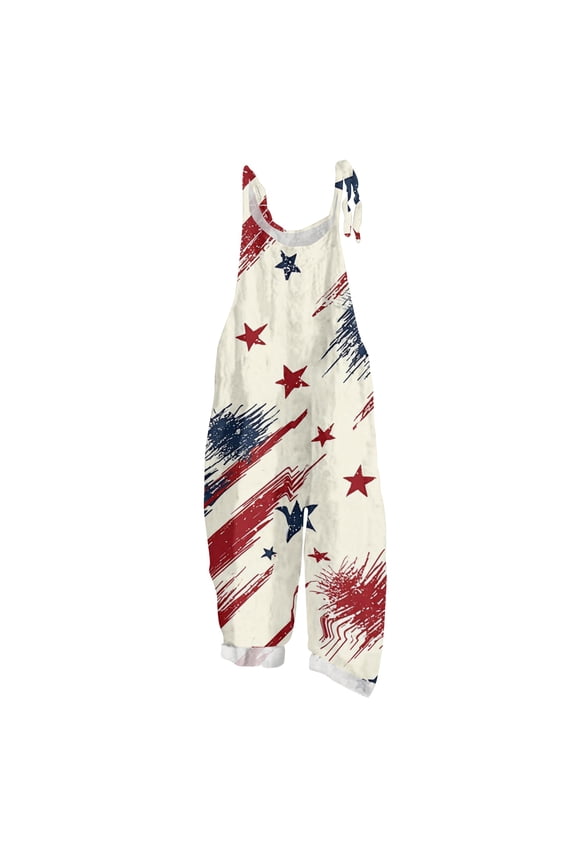 Overalls for Women 4th Of July Floral Printed Jumpsuits Loose Sleeveless Wide Leg One Piece Outfit 2026 Summer Spaghetti Straps Clothes Blue XL