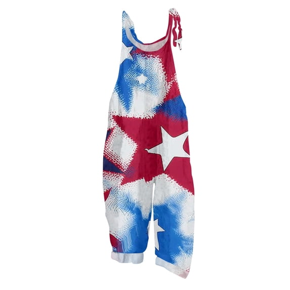 longantii Overalls for Women 4th Of July American Flag Print Jumpsuits Baggy Sleeveless Wide Leg Romper Summer Spaghetti Straps Clothes Red M