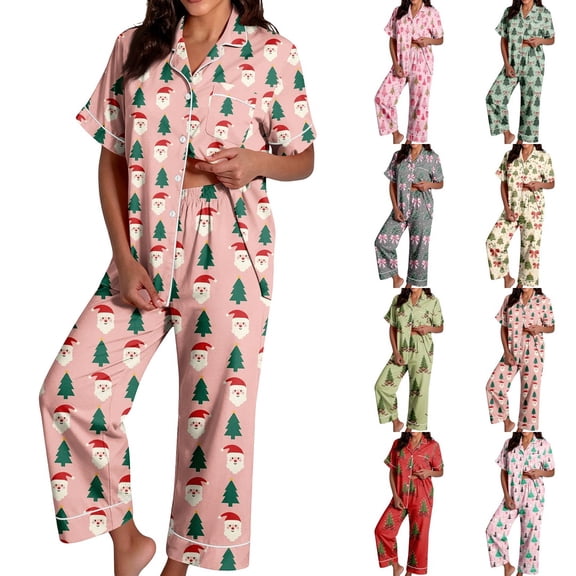 longantii Pajamas for Women Set, Soft Christmas 2 Piece Loungewear, Lightweight Button Down Short Sleeve Top, Breathable Festive Print, Comfy Relaxed Fit Holiday Sleep Pants