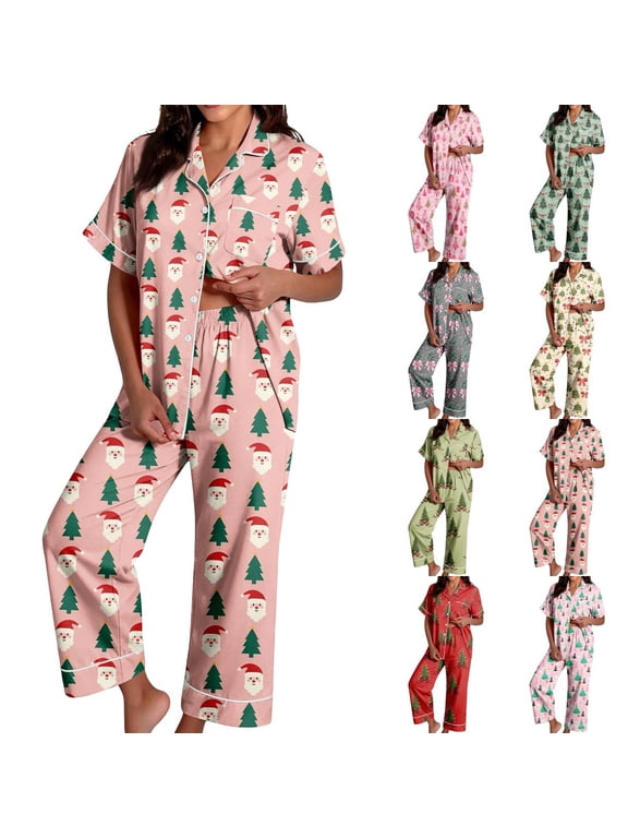 Pajamas for Women Set, Soft Christmas 2 Piece Loungewear, Lightweight Button Down Short Sleeve Top, Breathable Festive Print, Comfy Relaxed Fit Holiday Sleep Pants