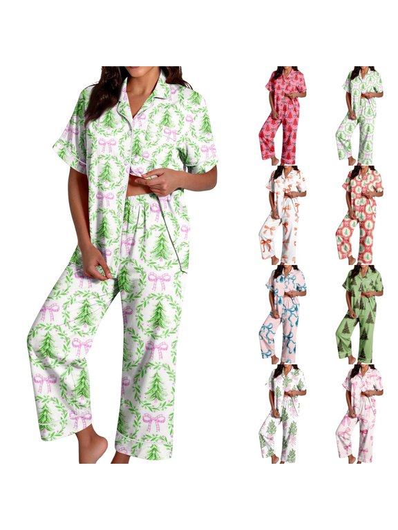 Pajamas for Women Set, Soft Christmas 2 Piece Pjs, Lightweight Short Sleeve Button Down Top, Breathable Holiday Print, Comfy Relaxed Fit Festive Loungewear