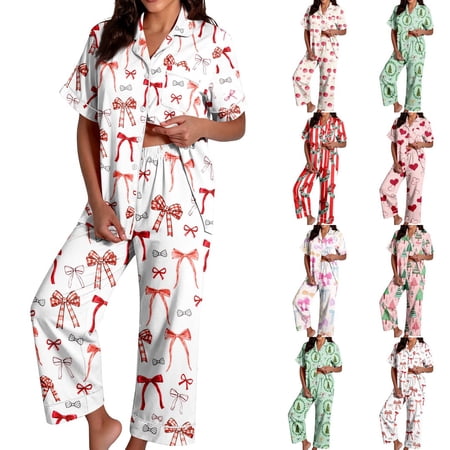 longantii Pajamas for Women Set, Soft Stylish Christmas 2 Piece Loungewear, Lightweight Short Sleeve Button Down Top, Breathable Festive Print, Comfy Relaxed Pjs