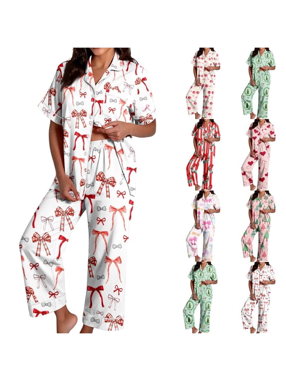 Pajamas for Women Set, Soft Stylish Christmas 2 Piece Loungewear, Lightweight Short Sleeve Button Down Top, Breathable Festive Print, Comfy Relaxed Pjs