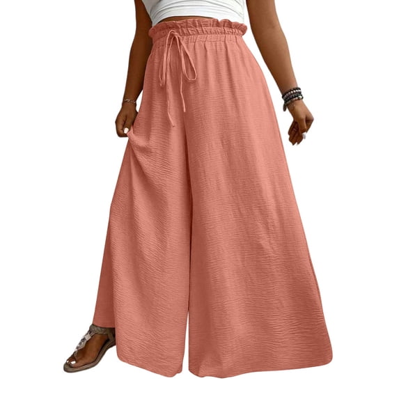 longantii Palazzo Wide Leg Pants Woman Flowy High Waisted Pants 2026 Elastic Waist Drawstring Trousers Summer Plus Size Outfits Complexion XL