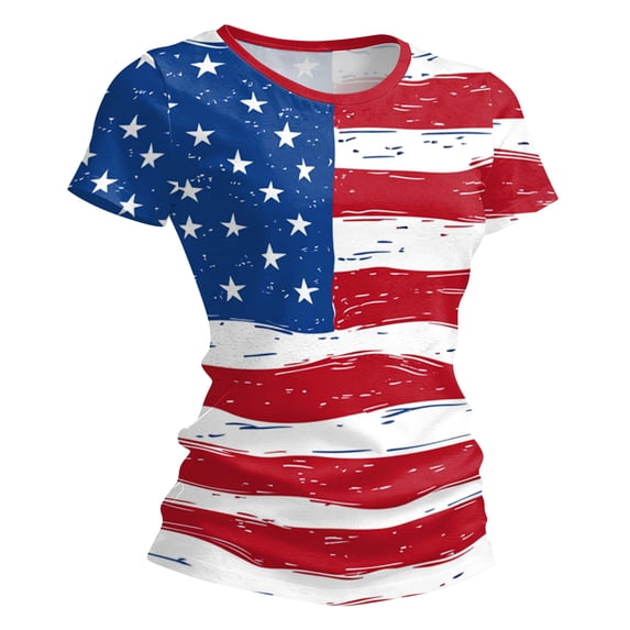 longantii Patriotic Shirts for Women Patriotic 4th Of July Short Sleeves T-Shirts Relaxed Fit Crew-Neck Tunic Tops Summer 2026 Blouses Color-Blocking Clothes Red L