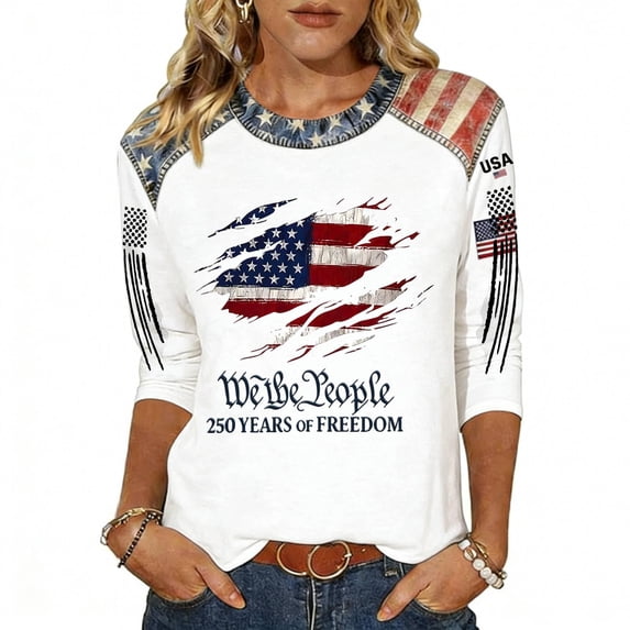 longantii Patriotic Tops for Women 250 Anniversary Usa 3/4 Sleeve Tees Loose Crewneck Stars and Stripes Tops 4th Of July Pollover White 3XL