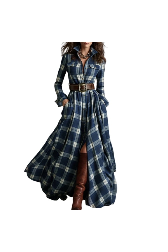 Plaid Maxi Dress for Women,Long Dress Vintage V-Neck Long-Sleeve Pastoral Style Dress Navy XXL