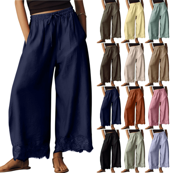 longantii Plus Size Straight Leg Women's Cropped Lace-Hem Pants High Waisted Drawstring Casual Lightweight Trousers with Pockets Pink S