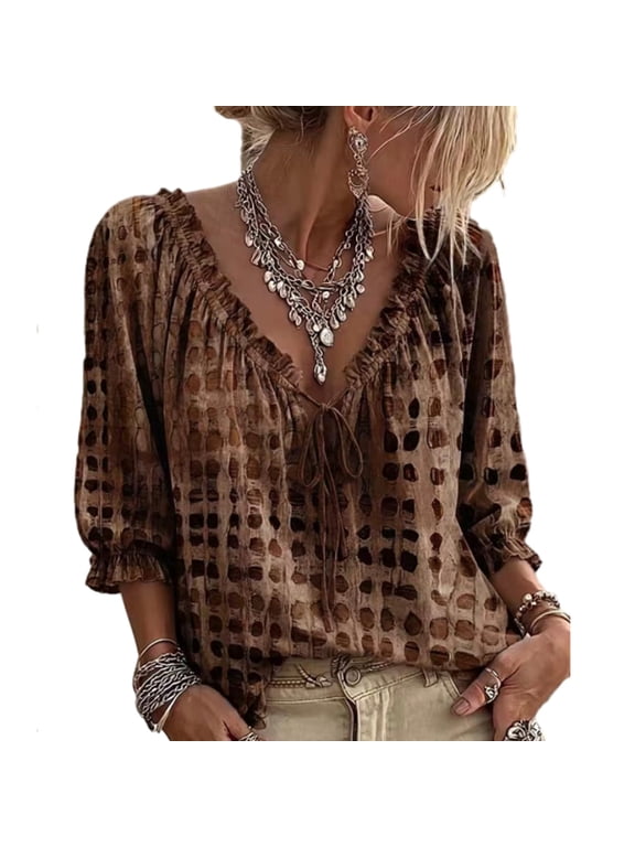 Polka Dot Lace up Blouse Ruffled V-Neck Tie Women Womens Summer Tops Shirts 3/4 Sleeve Casual Dressy Floral Work Coffee XL