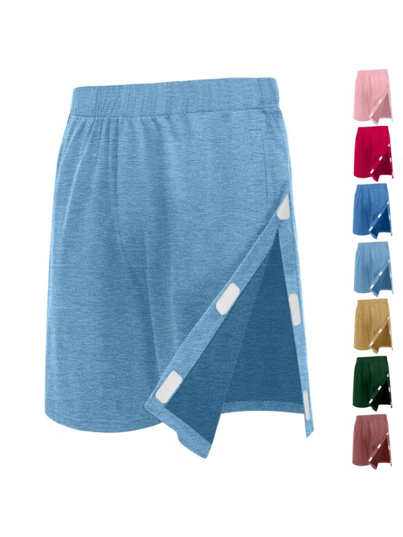 Post Knee Surgery Recovery Shorts for Women Men Snap On Athletic Tear Away Shorts Hip Replacement Surgery Recovery Side Split Magic Tape Adaptive Clothing Blue XXL