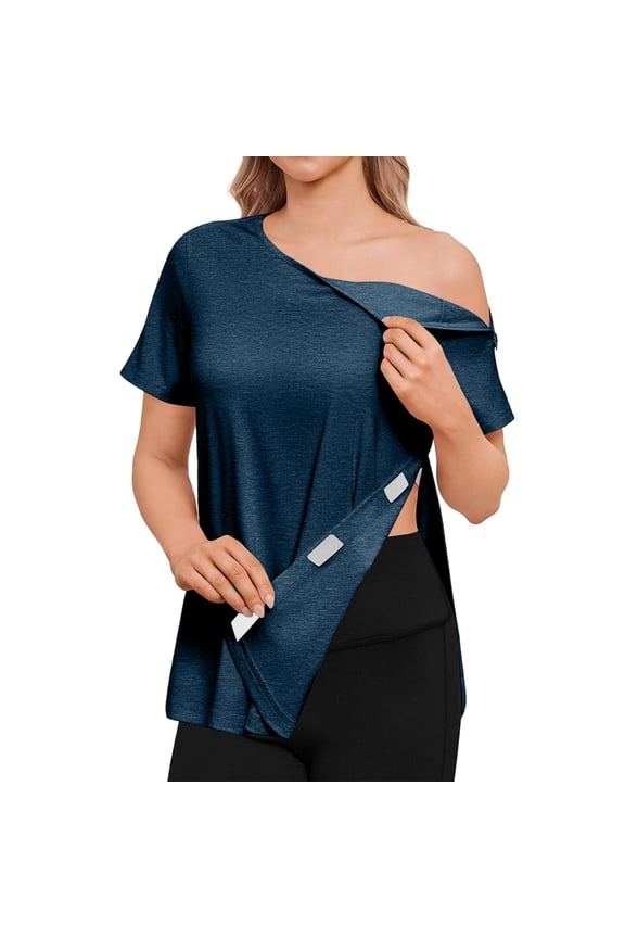 Post Shoulder Surgery Shirts for Women Chemo Dialysis Port with 2 Shoulder Half Zippers After Rotator Cuff Tops Dark Blue M
