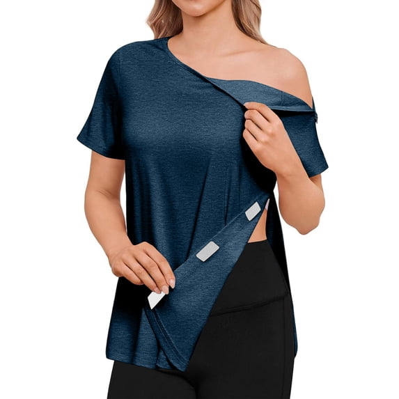 longantii Post Shoulder Surgery Shirts for Women Chemo Dialysis Port with 2 Shoulder Half Zippers After Rotator Cuff Tops Dark Blue XL