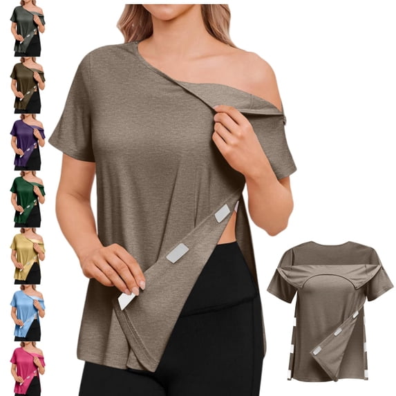 longantii Post Shoulder Surgery Shirts for Women Chemo Dialysis Port with 2 Shoulder Half Zippers After Rotator Cuff Tops Light Brown XXL