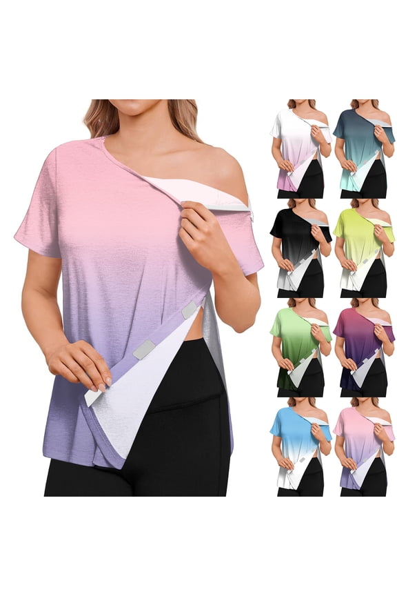 Post Shoulder Surgery Shirts for Women Chemo Dialysis Port with 2 Shoulder Half Zippers After Rotator Cuff Tops XL