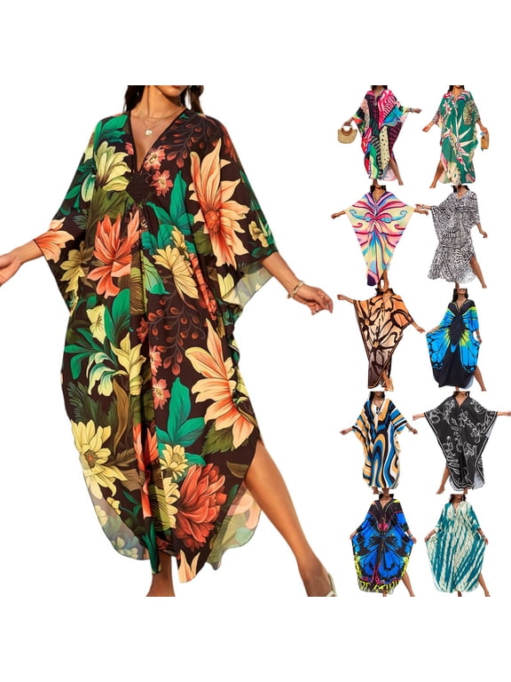 Print Moo Moos for Women, Kaftan Cover-Up Dresses, Sexy V-Neck High-Slit, Beach Pool-Party Coverups Muumuu Plus Dark Green