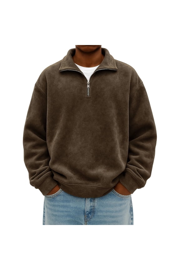Quarter Zip Pullover Men Loose Fit Mock Neck Ribbed Hem Sweatshirt 1/4 Zipper Henley Long Sleeve Casual Daily Versatile Wear Brown XXL