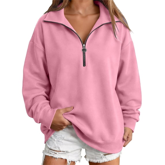 longantii Quarter Zip Pullover for Women Mock Neck Long Sleeve Sweatshirt Solid Color Oversized 1/4 Zip Athletic Basic Tops for Daily Office Wear