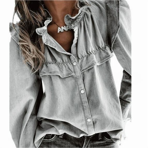 longantii Retro Denim Shirt Women Casual Ruffe Neck Long Sleeves T-Shirt Loose Fit Elegant Button Up Solid Color Blouse Tops Gray M