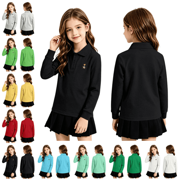 longantii School Polo Shirts for Girls Basic Long Sleeve Back To School T-Shirts Classic Fit Collared Uniform Shirts Solid Color Spring Fall Outfit Black 12-13 Year