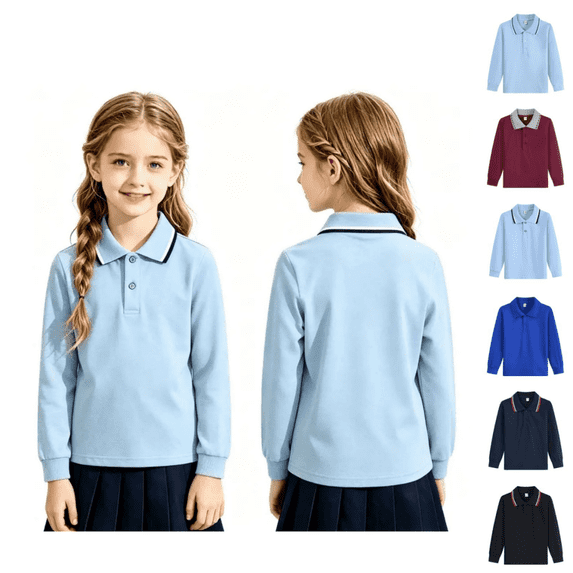 longantii School Polo Shirts for Girls Boys Cozy Long Sleeve Back To School Tees Relaxed Fit Fold Collar Uniform Shirts Solid Color Spring Fall Pullover Blue 3-4 Year