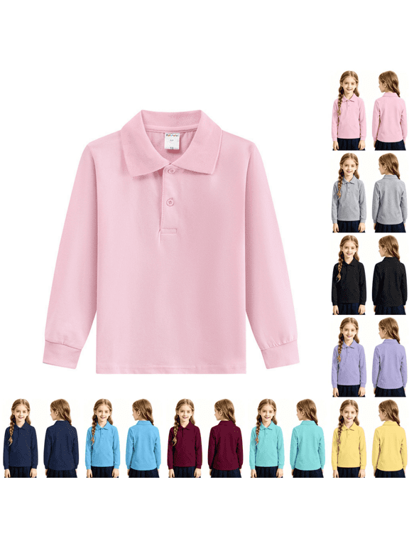 School Polo Shirts for Girls Fashion Long Sleeve Back To School Tees Modern Fit Collared Layer Shirts Solid Color Spring Fall Clothing Pink 2-3 Year