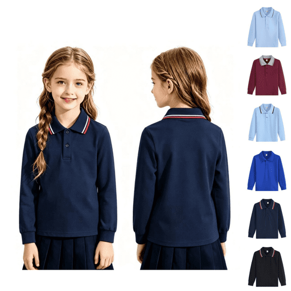 longantii School Polo Shirts for Girls Trendy Long Sleeve Back To School T-Shirts Classic Fit Collared Uniform Tees Solid Color Spring Fall Outfit Blue 3-4 Year