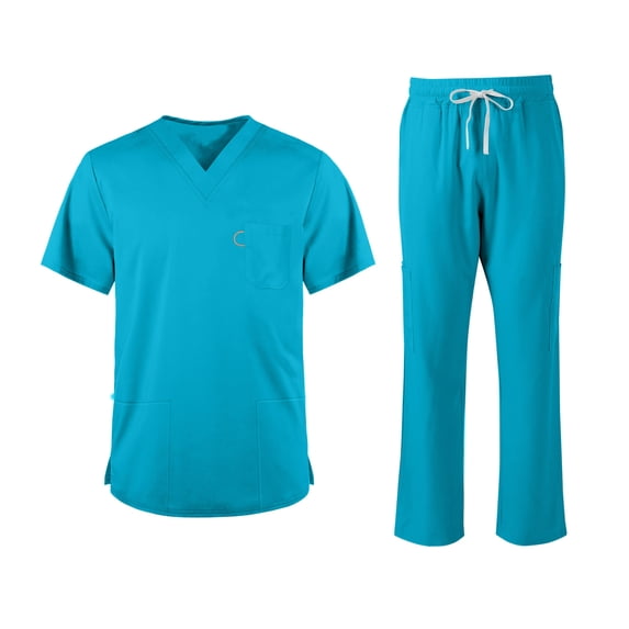 longantii Scrubs for Men Set 2026 Spring Summer Uniform Stretchy V-Neck Scrub Top & Cargo Pant with Multi Pockets Turquoise S