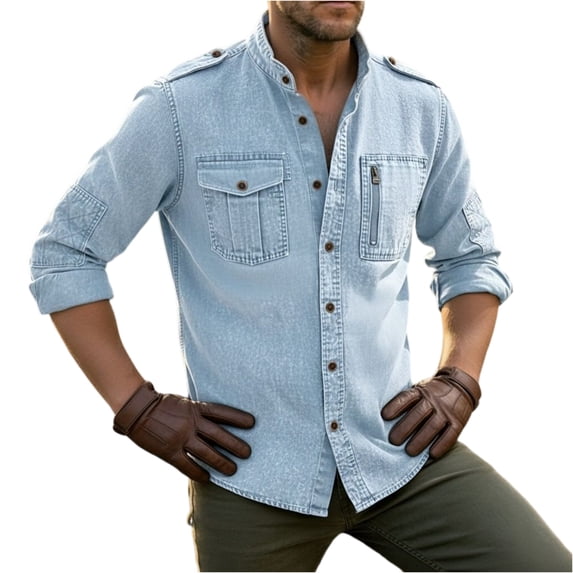 longantii Shirts for Men Casual Distressed Wash Denim Lapel Tshirts Classic Fit Long Sleeve Button Down Tees 2026 Summer Workwear Tops with Pockets Light Blue XXXL