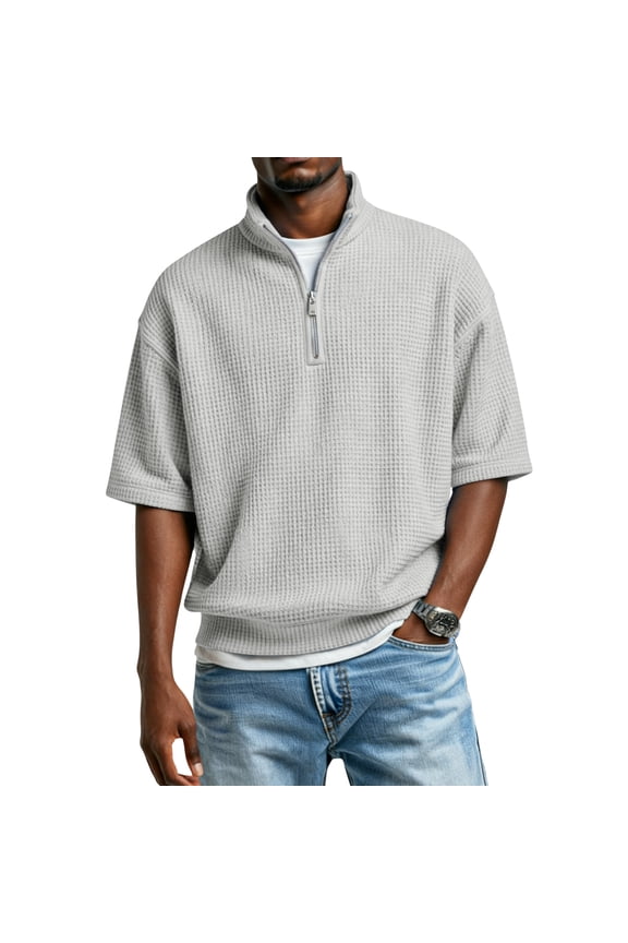 Short Sleeve Waffle Shirts for Men Quarter Zip Pullover Casual Slim Fit Stand Collar Polo Shirt Textured Knit Tops 2026 Summer Clothes Gray M