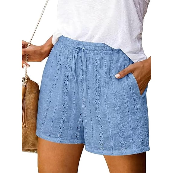 longantii Shorts for Women Trendy Summer Casual Loose Comfy Elastic Waist Drawstring Shorts with Pockets Beach Vacation Clothes Sky Blue L