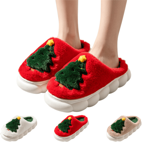 longantii Slippers for Women Men, Closed‑Toe Faux Fuzzy Plush, Holiday Style, Soft Plush Lining, Indoor Home Shoes, Slip‑On Cloud Cushioned Sole, Bedroom Footwear with Christmas Tree Character