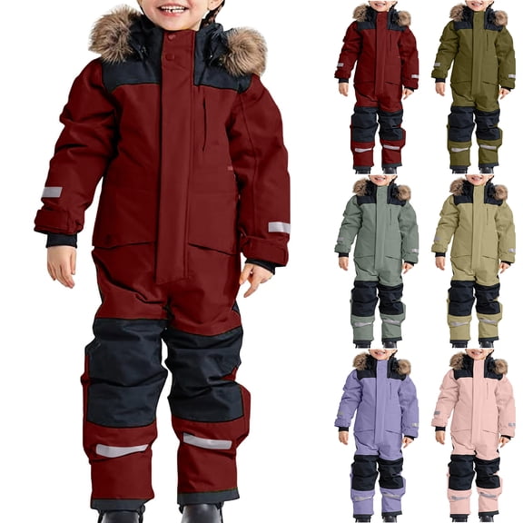 longantii Snow Suit Kids One Piece Snowsuit Girls Boys Waterproof Windproof Outdoor Overalls Winter Warm Snowboarding Ski Suits Snow Clothes Wine 4-5 Years