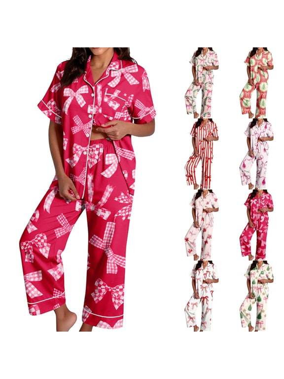 Soft Pajama Sets for Women 2 Piece, Lightweight Womens Cute Christmas Pajama Set, Breathable Short Sleeve Button Top, Comfy 2 Piece Festive Sleep Set