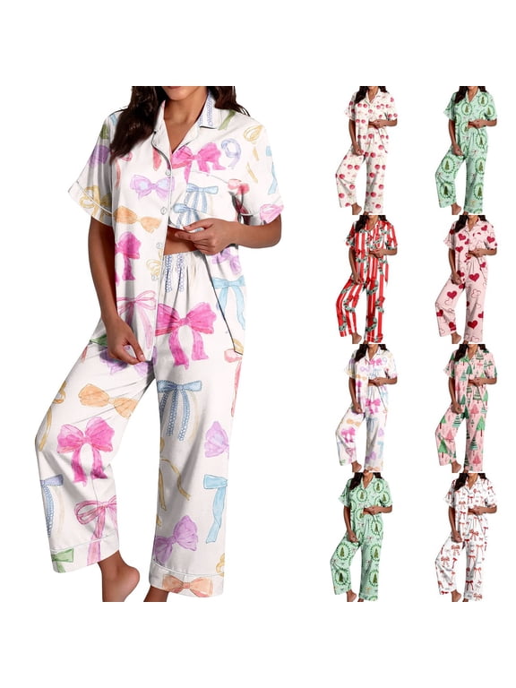 Soft Pajama Sets for Women 2 Piece, Lightweight Womens Stylish Christmas Pajama Set, Breathable Short Sleeve Button Top, Comfy 2 Piece Festive Sleep Set