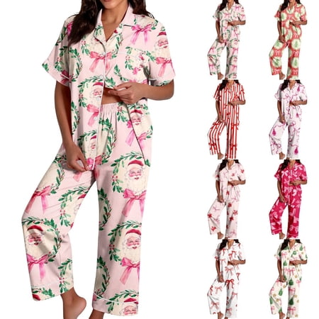 longantii Soft Womens Cute Holiday Pjs, Lightweight 2 Piece Button Down Loungewear, Breathable Christmas Print Top, Comfy Relaxed Fit Casual Sleep Set