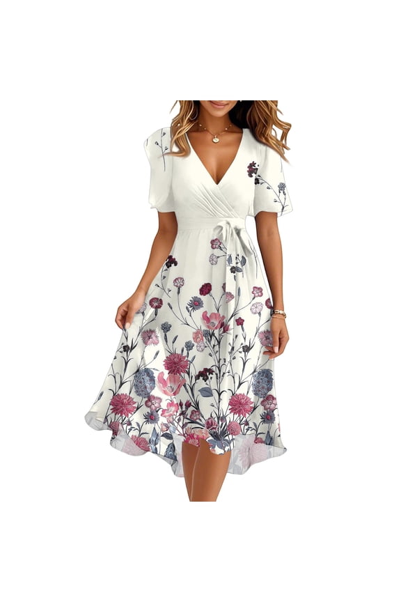 Spring Summer Chiffon Midi Dresses for Women 2026 Elegant Classy Wedding Guest Dresses Short Sleeve V Neck A Line Floral Formal Cocktail Prom Dress Pink XXL