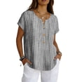 thumbnail image 1 of longantii Spring Tops for Women Dressy Cotton Linen Floral Tees Loose Fit V-Neck Short Sleeve Blouses Multi-Color Button Down Clothes Gray 2XL, 1 of 5