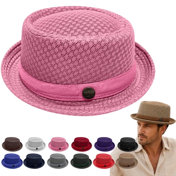 longantii Summer Breathable Mesh Pork Pie Hat,Cool Mesh Pork Pie Hat with Matching Ribbon & Emblem,for Beach, Parties & Daily Wear Pink