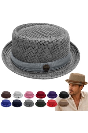 Summer Breathable Mesh Pork Pie Hat,Retro Straw Breathable Sun Protection Cap,Lightweight Fedora Bowler Hat Gray