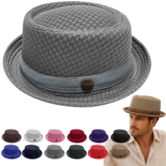 longantii Summer Breathable Mesh Pork Pie Hat,Retro Straw Breathable Sun Protection Cap,Lightweight Fedora Bowler Hat Gray