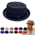 thumbnail image 1 of longantii Summer Breathable Mesh Pork Pie Hat,Retro Straw Breathable Sun Protection Cap,Lightweight Fedora Bowler Hat Navy, 1 of 6