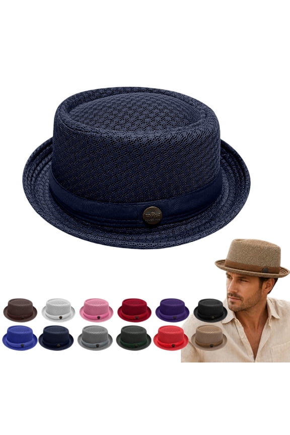 Summer Breathable Mesh Pork Pie Hat,Retro Straw Breathable Sun Protection Cap,Lightweight Fedora Bowler Hat Navy